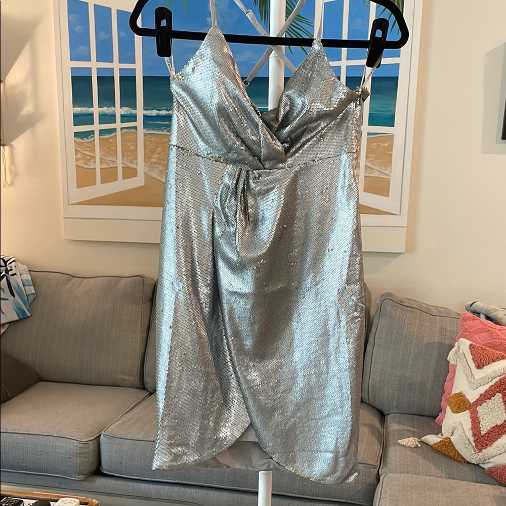 Lucy & Co. Silver Sequin Mini Wrap Dress